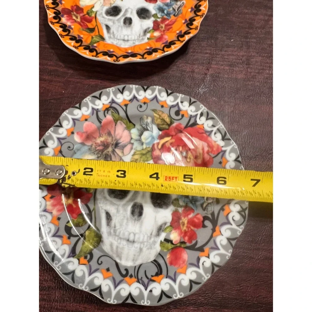 222 Fifth Marbella Skull Appetizer Plates Set of 4 Floral Halloween Gothic China